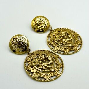 MEDALLION HEART and FLORAL Gold Tone Earrings